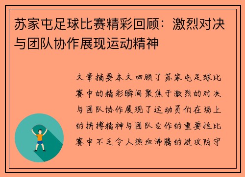 苏家屯足球比赛精彩回顾：激烈对决与团队协作展现运动精神